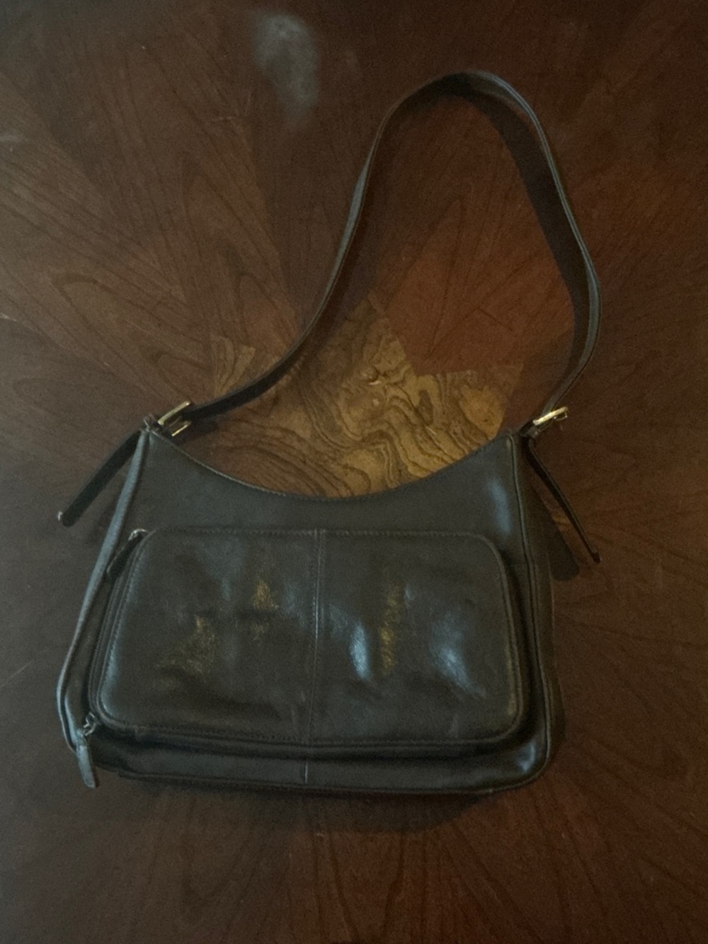Black Leather Shoulder Bag with Front Zip Pocket